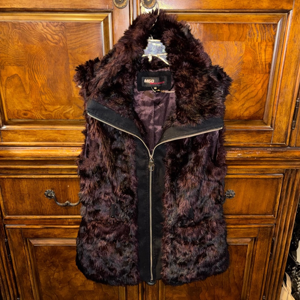 Vintage Miss Sixty Women's Faux Fur Vest - Deep Burgundy Size Medium